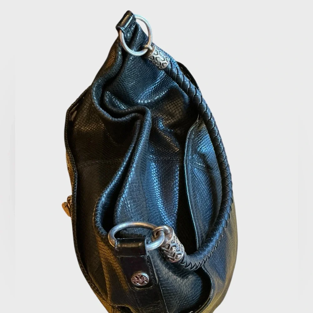 Brighton Black Leather Hobo Bag Snakeskin Embossed Silver Heart